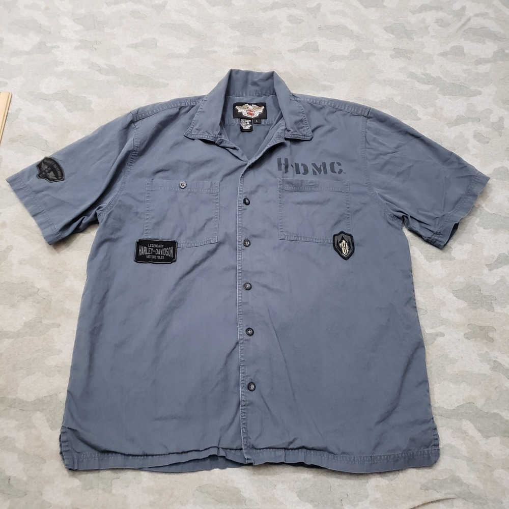 Harley-Davidson Shirt Mens Large Blue Patches Mechanic Short Sleeve Button-Up